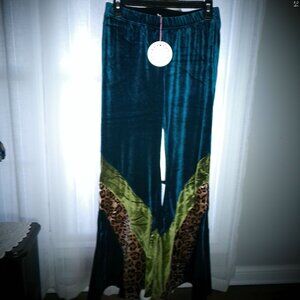 UMGEE NWT Teal, Green, Brown/Black Animal Print Design Flaired Velour Pants L